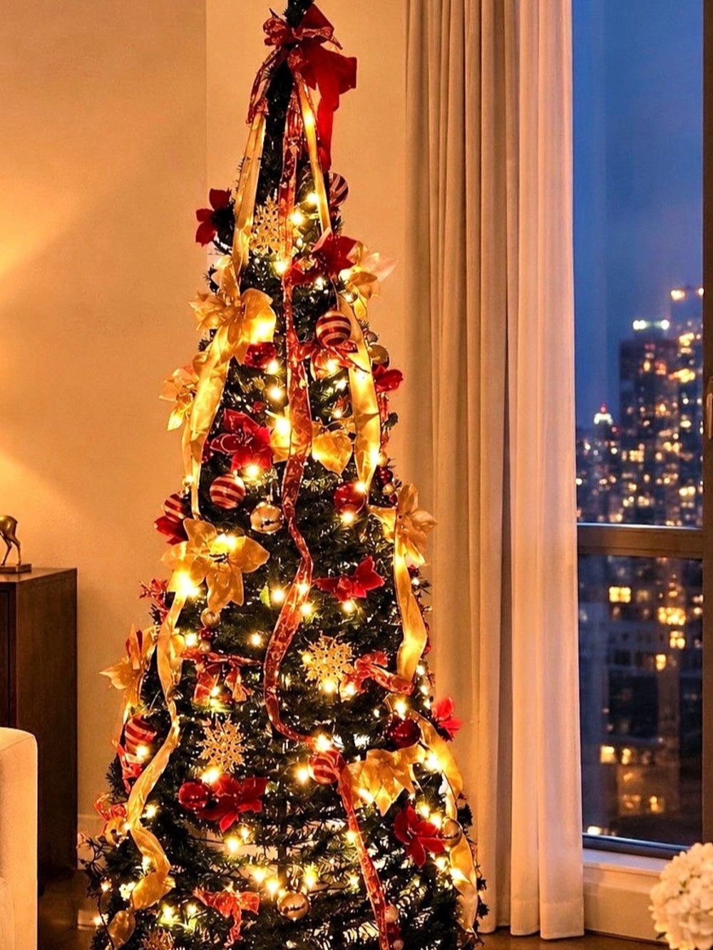 6-Ft Pre-Lit Pop-Up Christmas Tree with Red & Gold Ornaments Green & Red